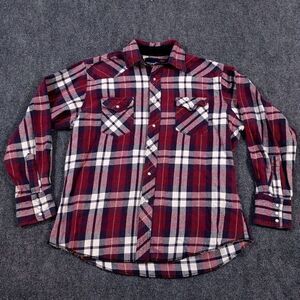 Vintage Wrangler Western Pearl Snap‎ Shirt Mens Large Red White Flannel Plaid